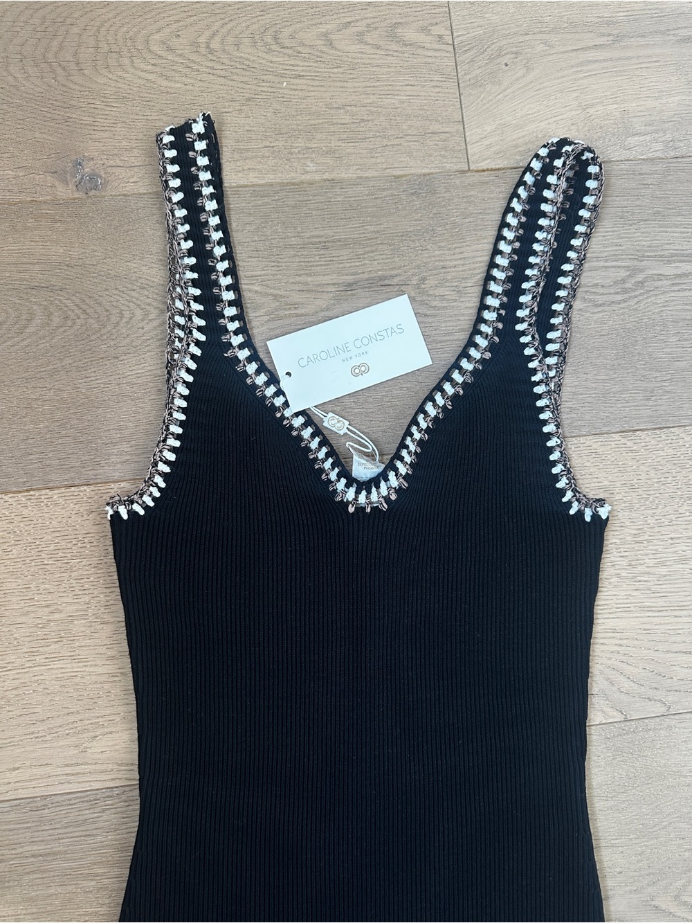 Caroline Constas Black Ribbed V-Neck dress with White Contrast Stitching
